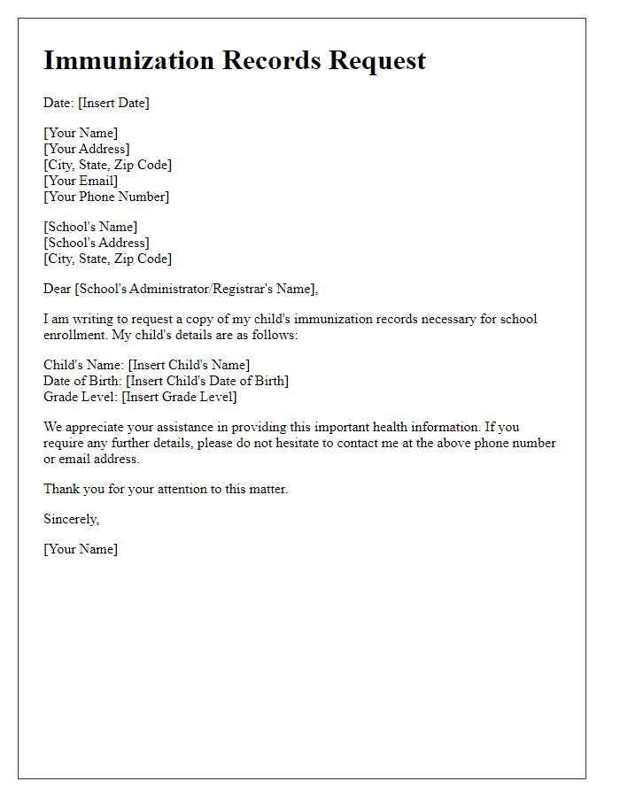 Letter template of immunization records request for school enrollment.