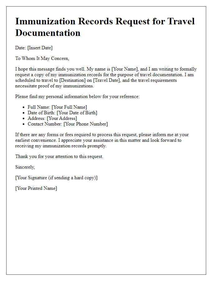 Letter template of immunization records request for travel documentation.