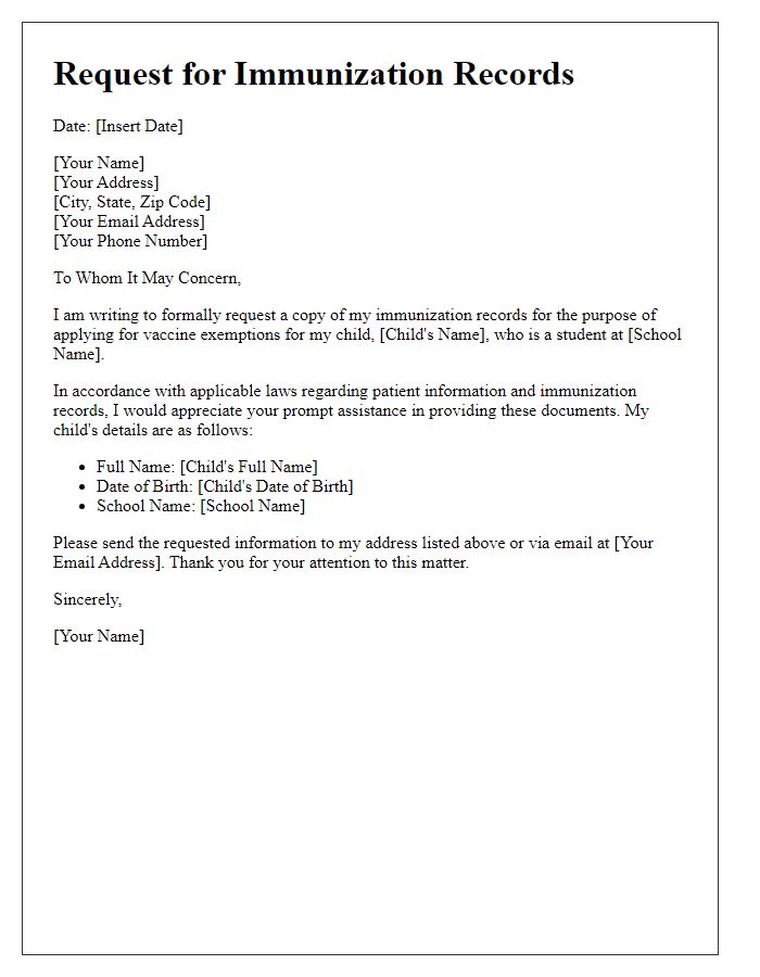 Letter template of immunization records request for vaccine exemptions.