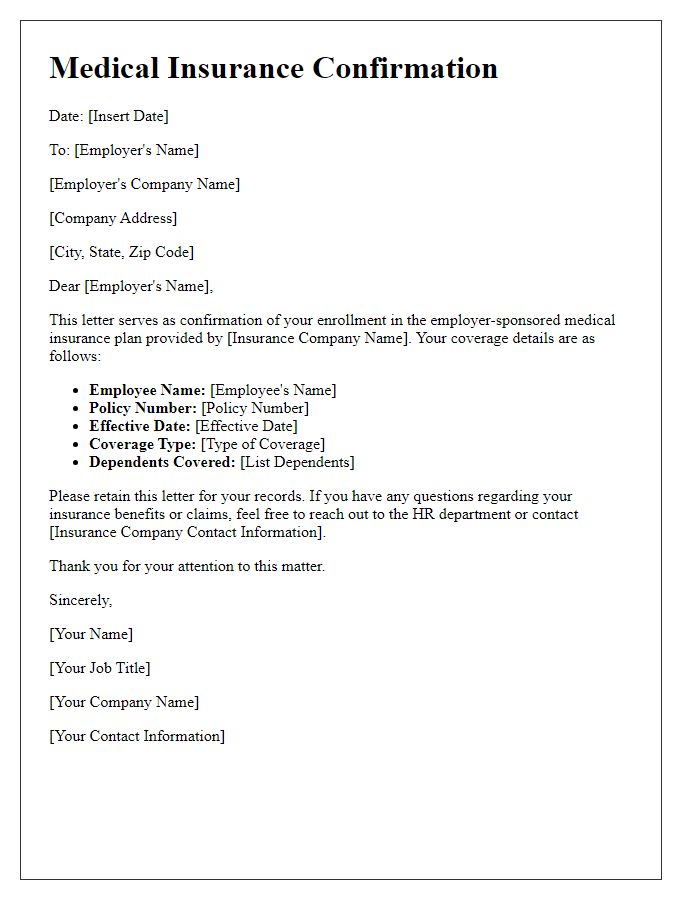 Letter template of medical insurance confirmation for employer-sponsored plan.