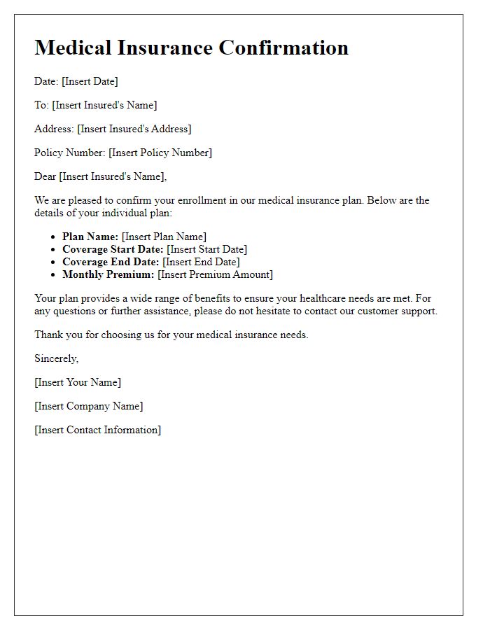 Letter template of medical insurance confirmation for individual plan.