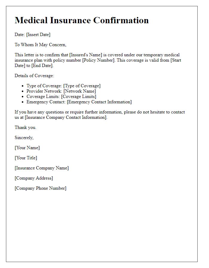 Letter template of medical insurance confirmation for temporary coverage.