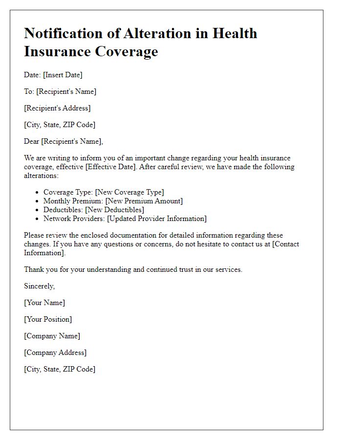 Letter template of alterations in health insurance coverage