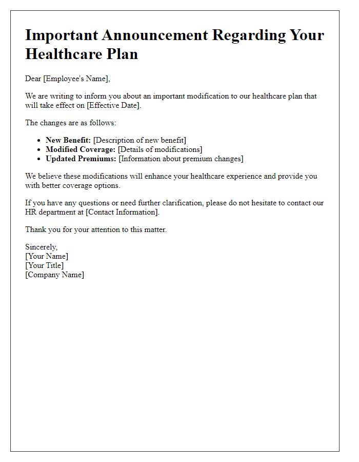 Letter template of healthcare plan modification announcement