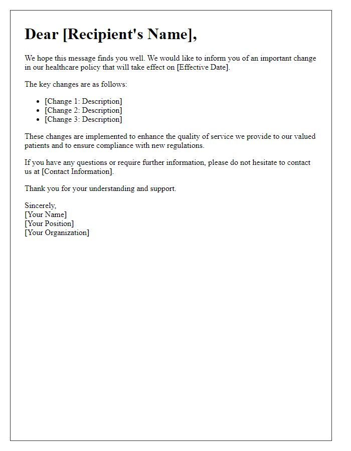 Letter template of healthcare policy change communication