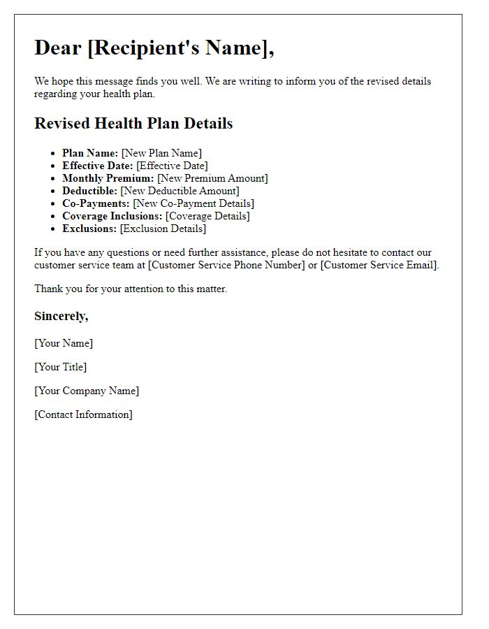 Letter template of revised health plan details