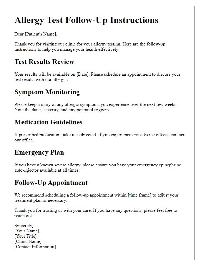 Letter template of allergy test follow-up instructions