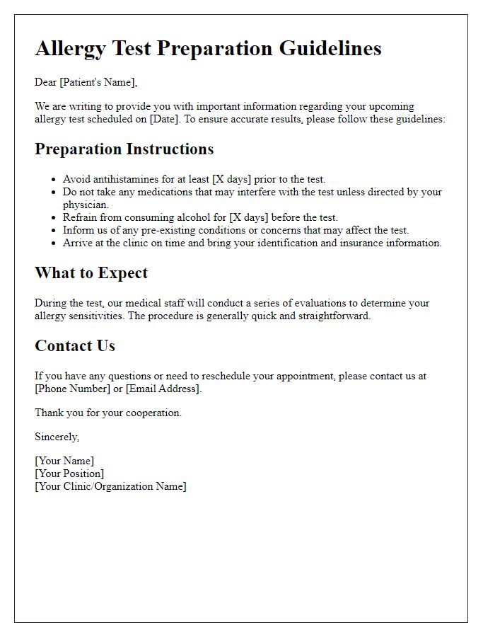 Letter template of allergy test preparation guidelines