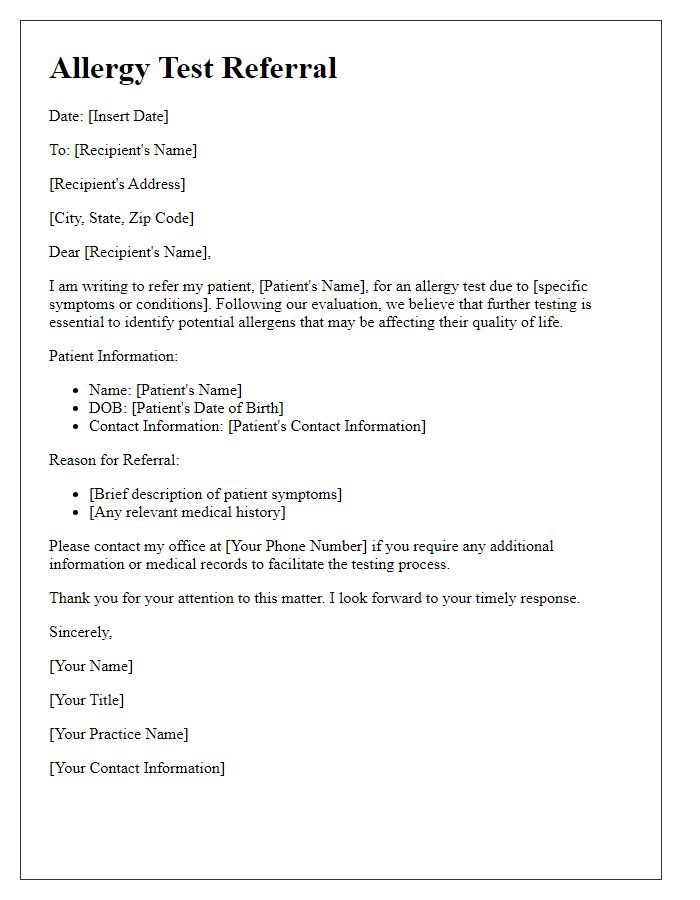 Letter template of allergy test referral process