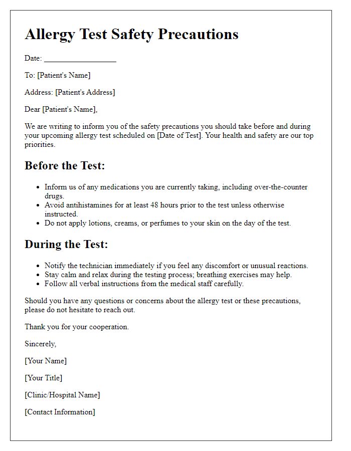 Letter template of allergy test safety precautions