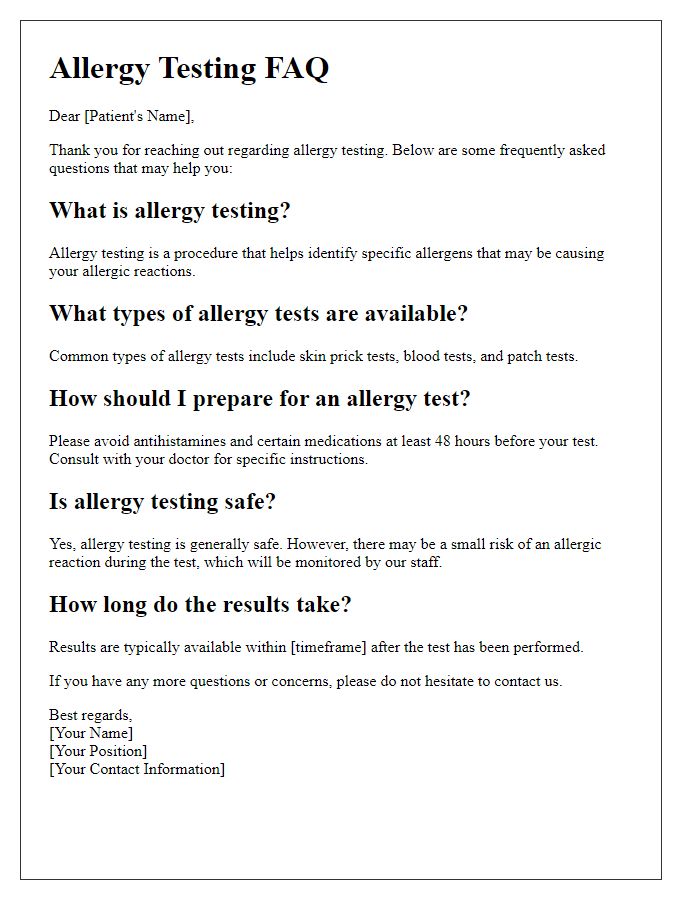 Letter template of allergy testing FAQ