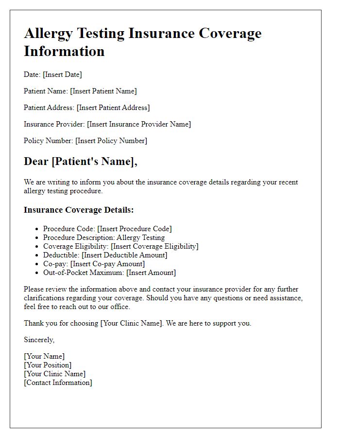 Letter template of allergy testing insurance coverage information