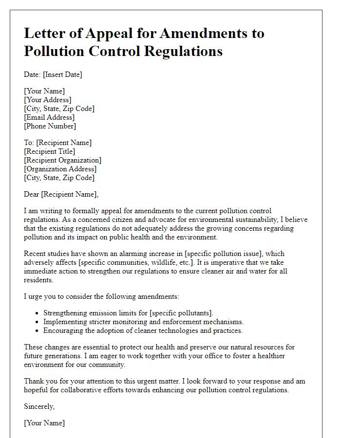 Letter template of appeal for pollution control regulation amendments