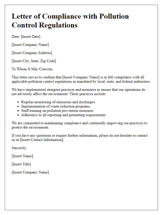 Letter template of compliance with pollution control regulations