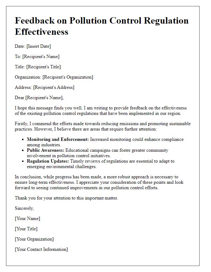 Letter template of feedback on pollution control regulation effectiveness