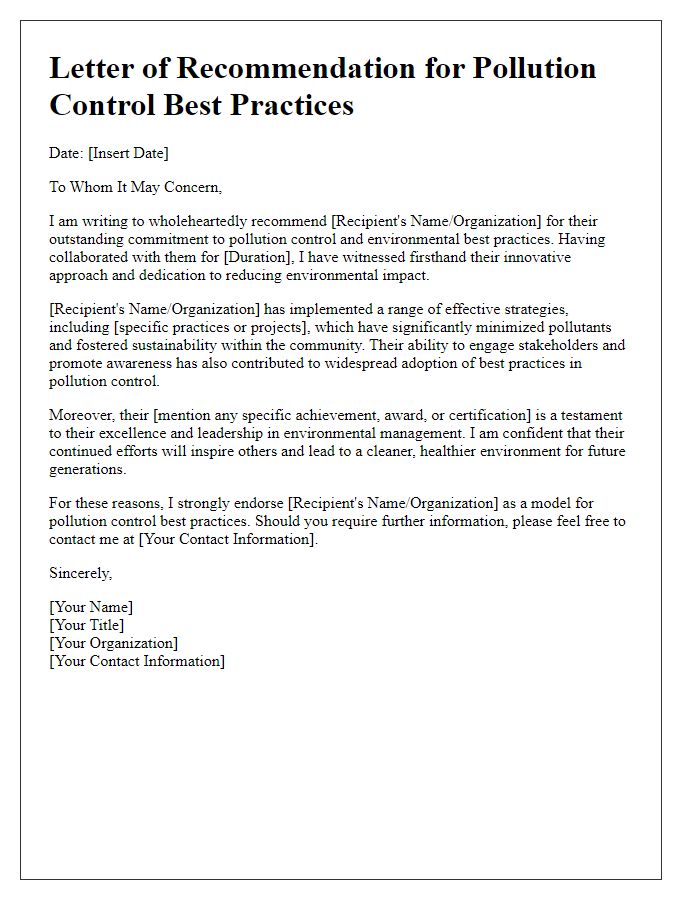 Letter template of recommendation for pollution control best practices