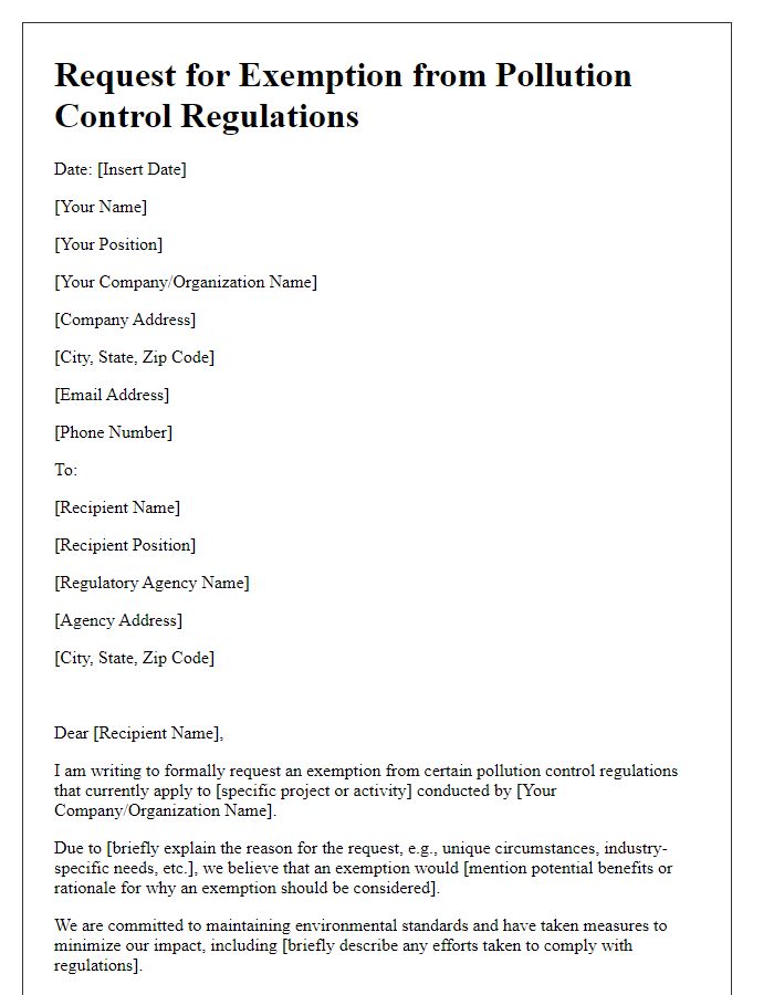 Letter template of request for exemption from pollution control regulations