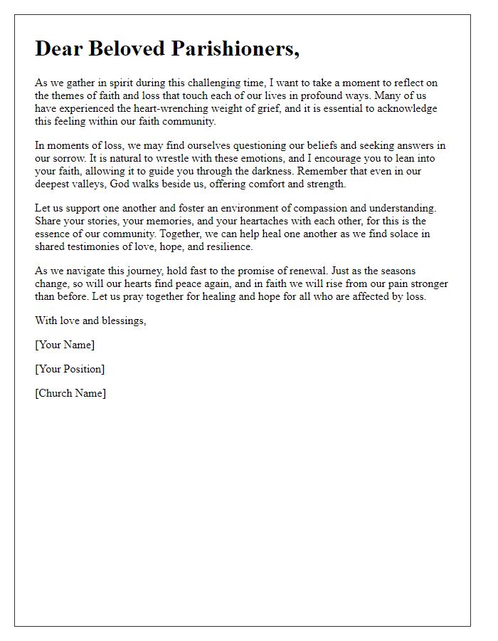 Letter template of reflections on faith and loss from church leader to their parishioners.