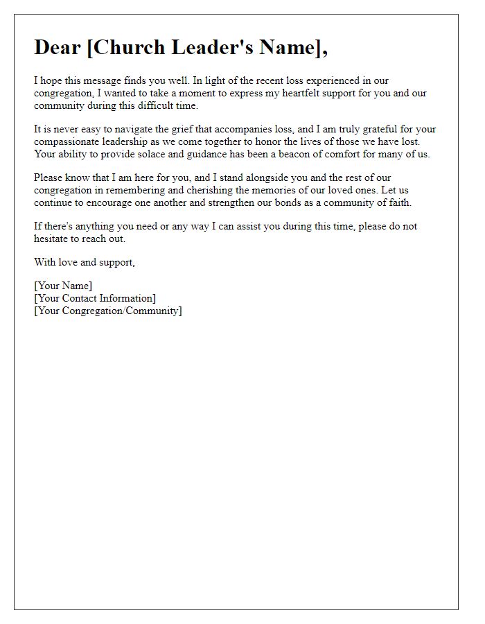 Letter template of support for church leader addressing loss in the congregation.