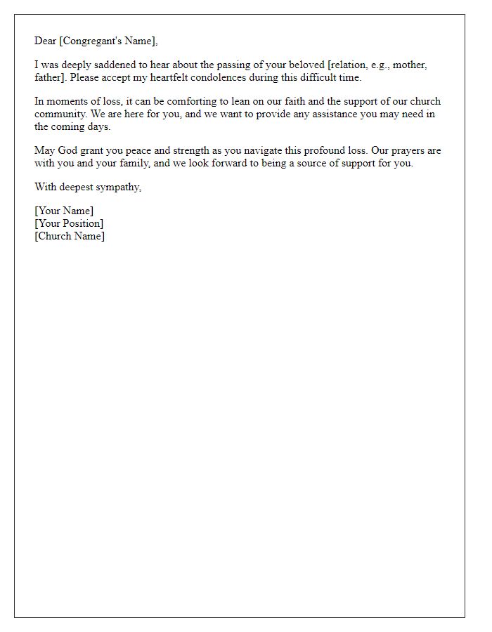 Letter template of sympathy from church leader to a congregant in mourning.