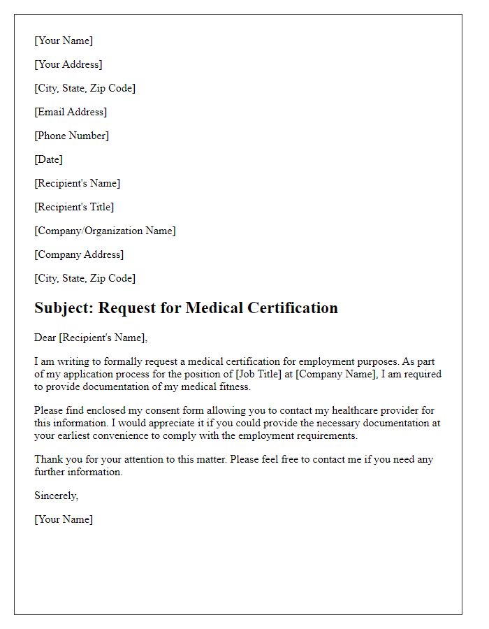 Letter template of medical certification request for employment purposes