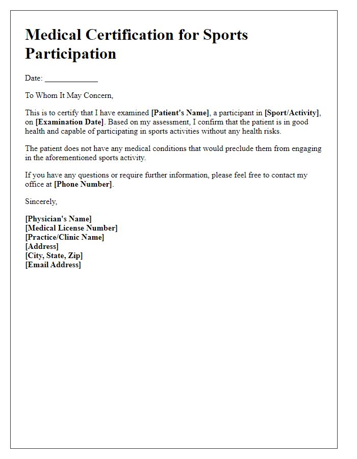 Letter template of medical certification for sports participation