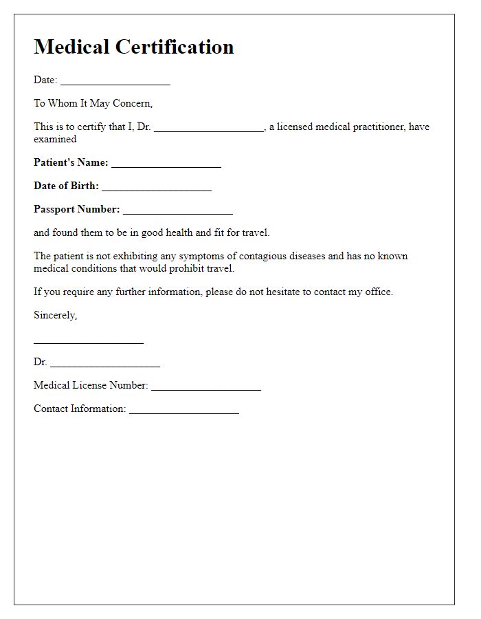 Letter template of medical certification for travel requirements