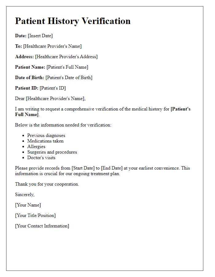 Letter template of comprehensive patient history verification