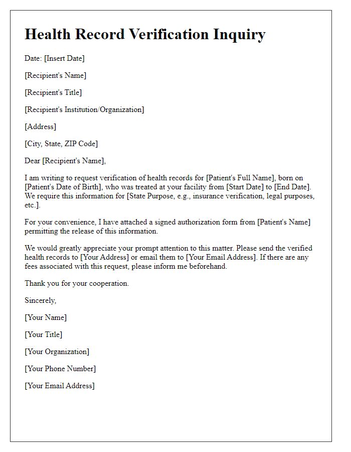 Letter template of health record verification inquiry