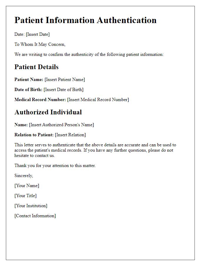 Letter template of patient information authentication