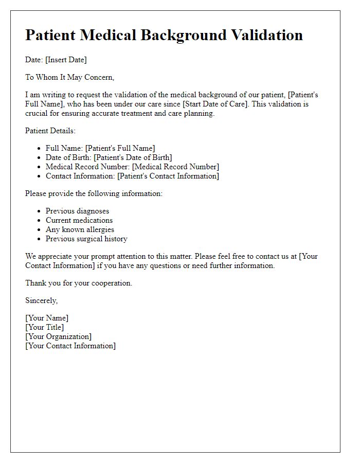 Letter template of patient medical background validation