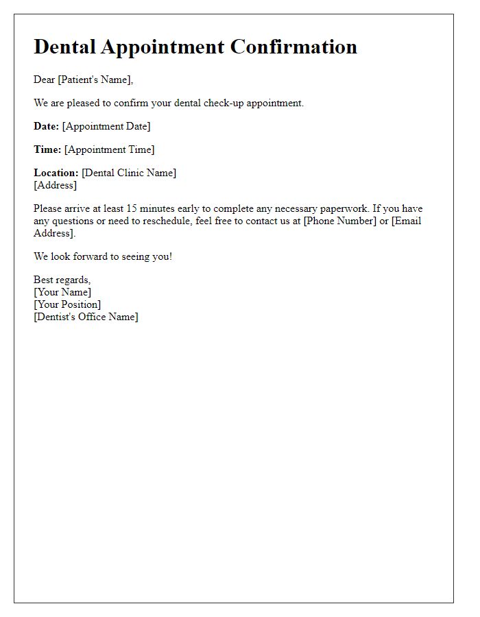 Letter template of dental check-up appointment confirmation