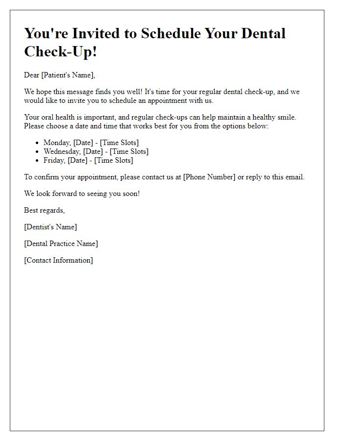 Letter template of dental check-up scheduling invitation