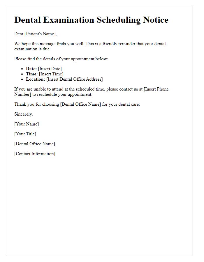 Letter template of dental examination scheduling notice