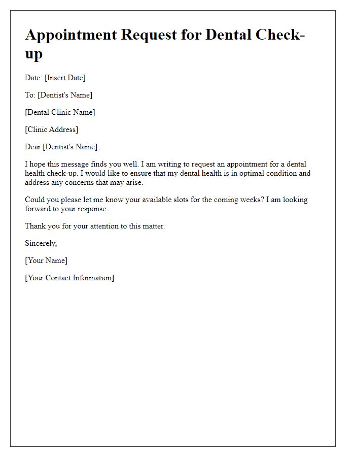 Letter template of dental health check-up appointment request