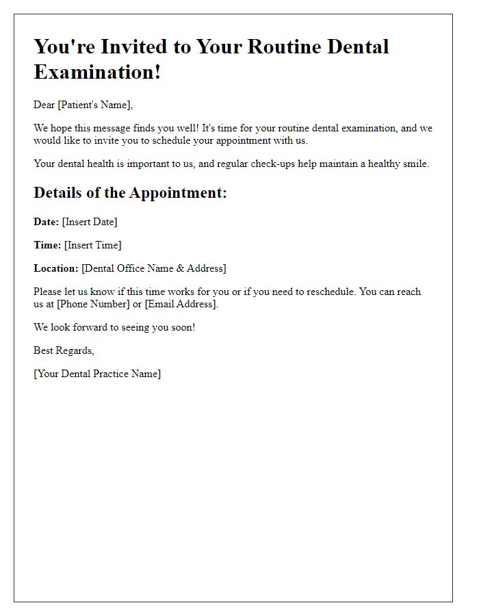 Letter template of dental visit invitation for routine examination