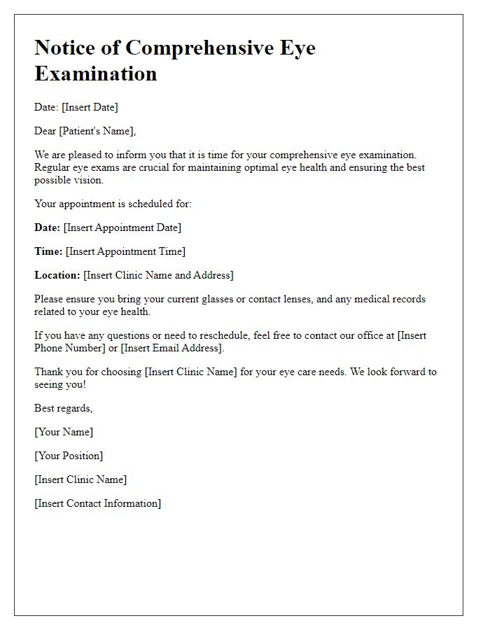 Letter template of comprehensive eye examination notice