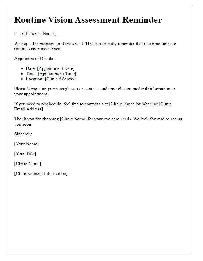 Letter template of routine vision assessment reminder