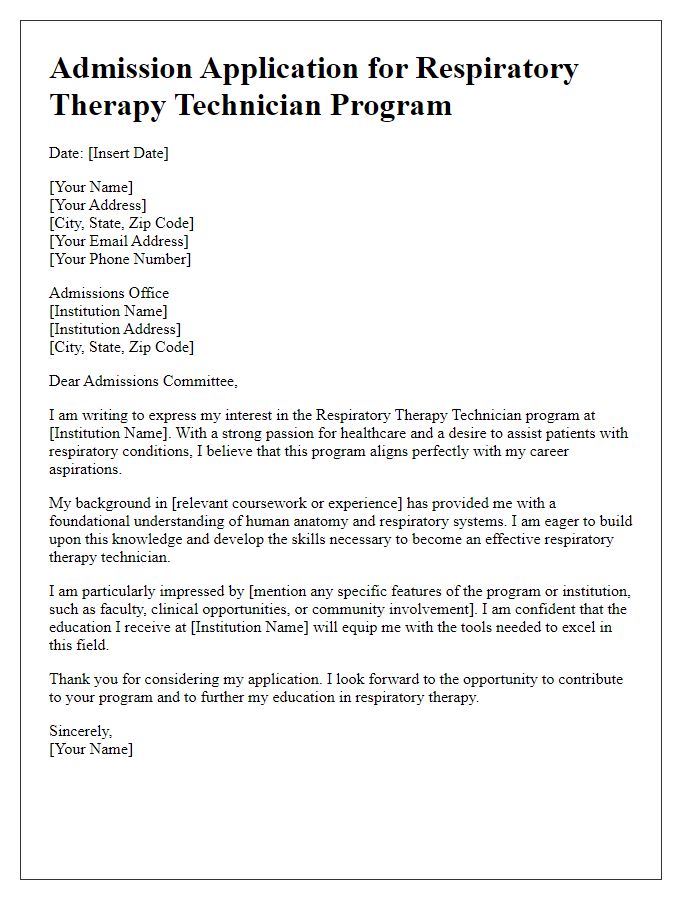 Letter template of admission application for respiratory therapy technician program