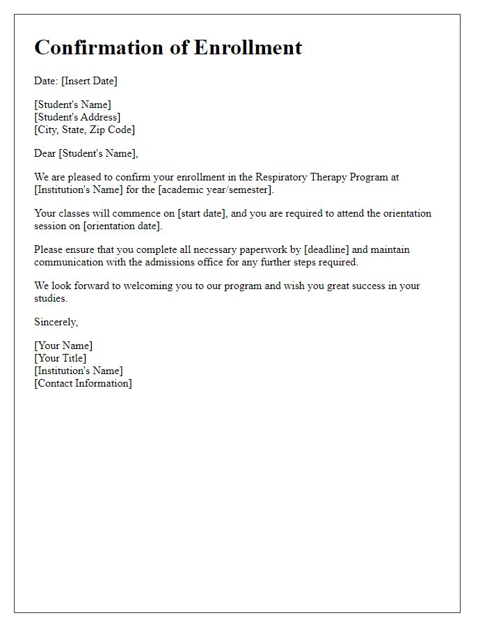 Letter template of confirmation of enrollment in respiratory therapy program