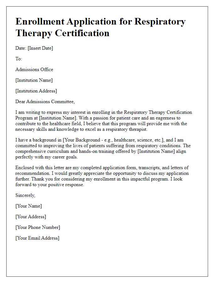 Letter template of enrollment application for respiratory therapy certification