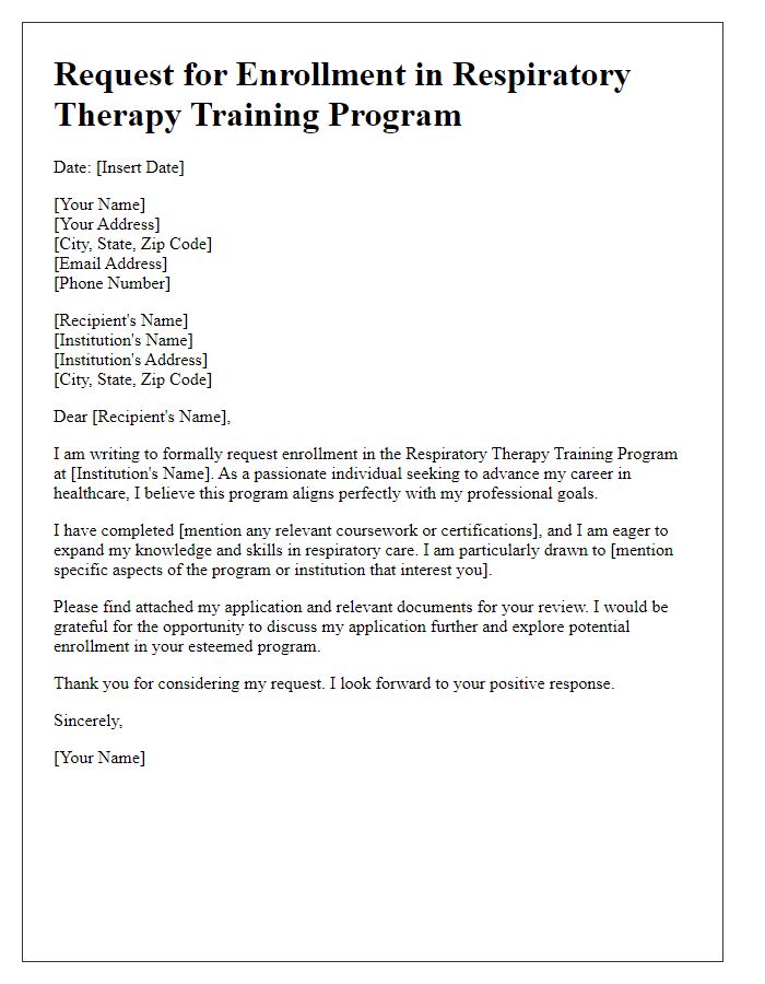 Letter template of formal request for respiratory therapy training enrollment