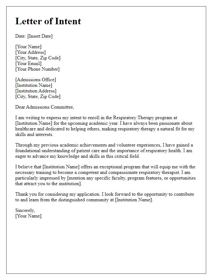 Letter template of intent to enroll in respiratory therapy studies