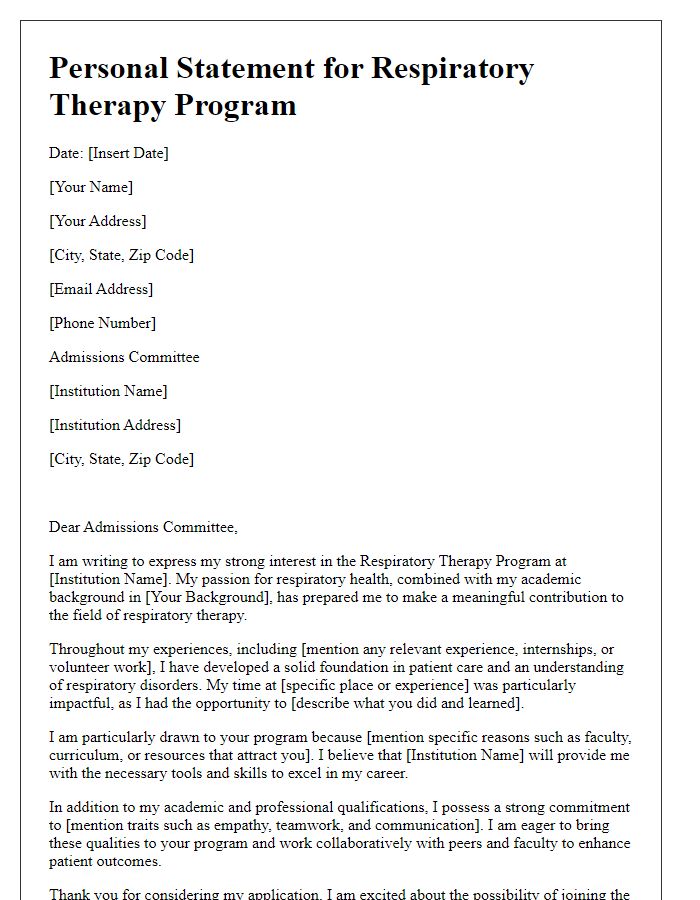 Letter template of personal statement for respiratory therapy program application