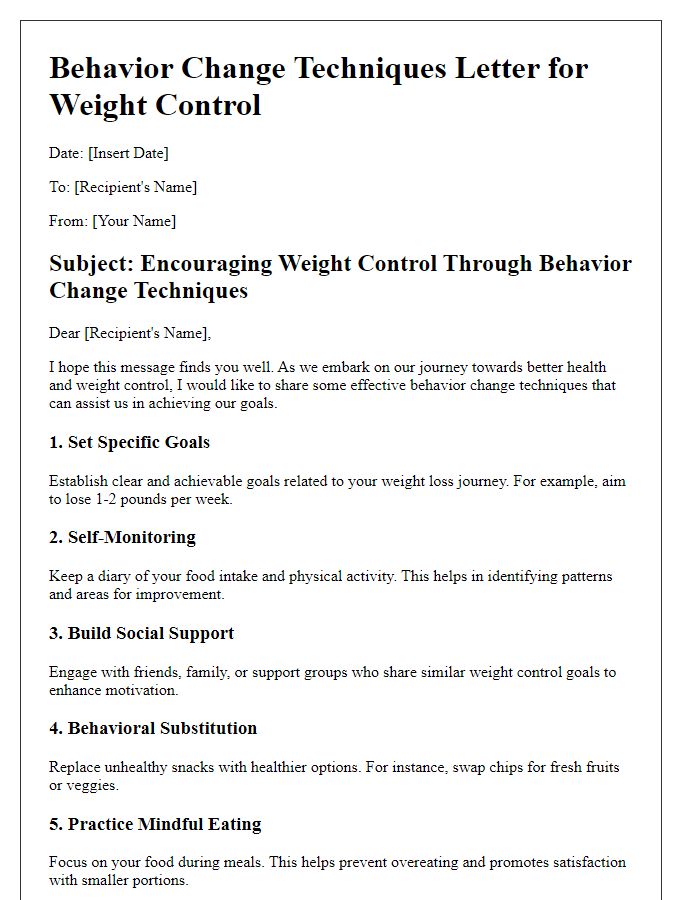 Letter template of behavior change techniques for weight control