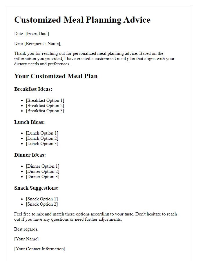 Letter template of customized meal planning advice