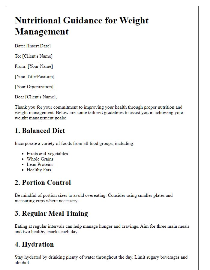 Letter template of nutritional guidance for weight management