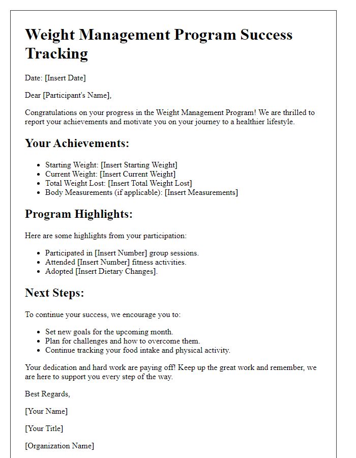 Letter template of success tracking in weight management program