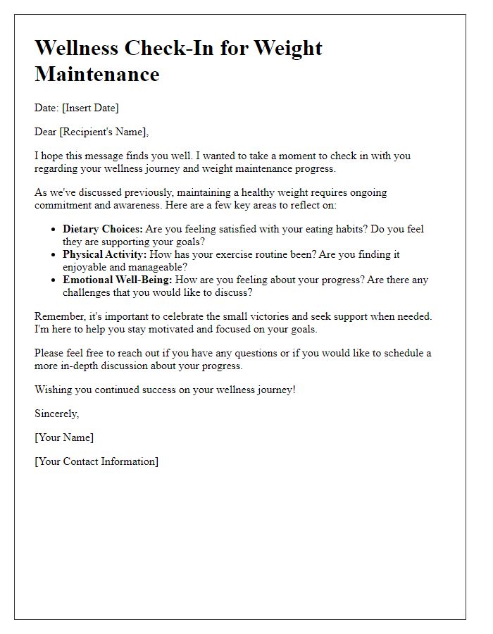 Letter template of wellness check-in for weight maintenance