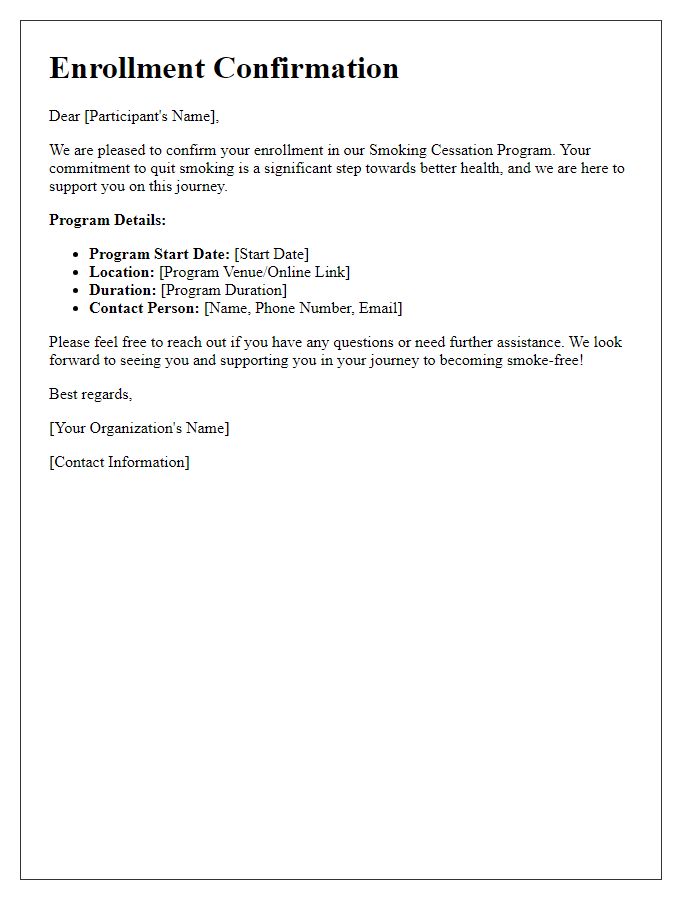 Letter template of smoking cessation program enrollment confirmation